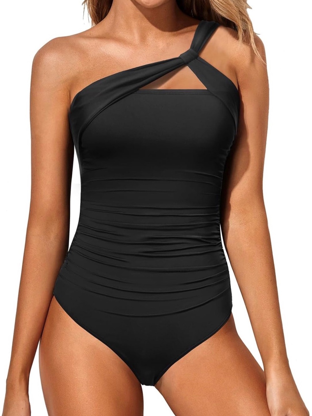 One-Shoulder Black Ruched Swim One-Piece